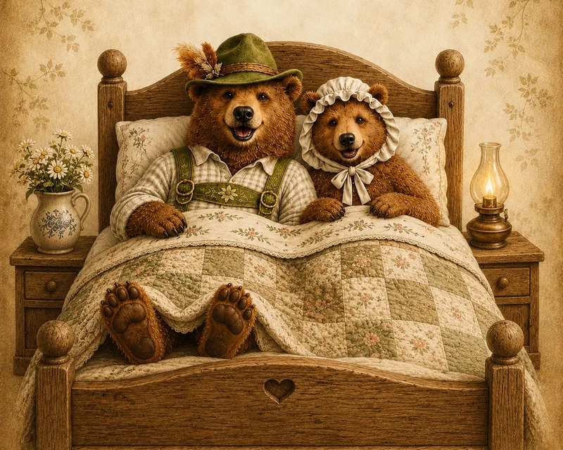 Camembär mit Hut und Camemberta mit Haube nebeneinander im Bett