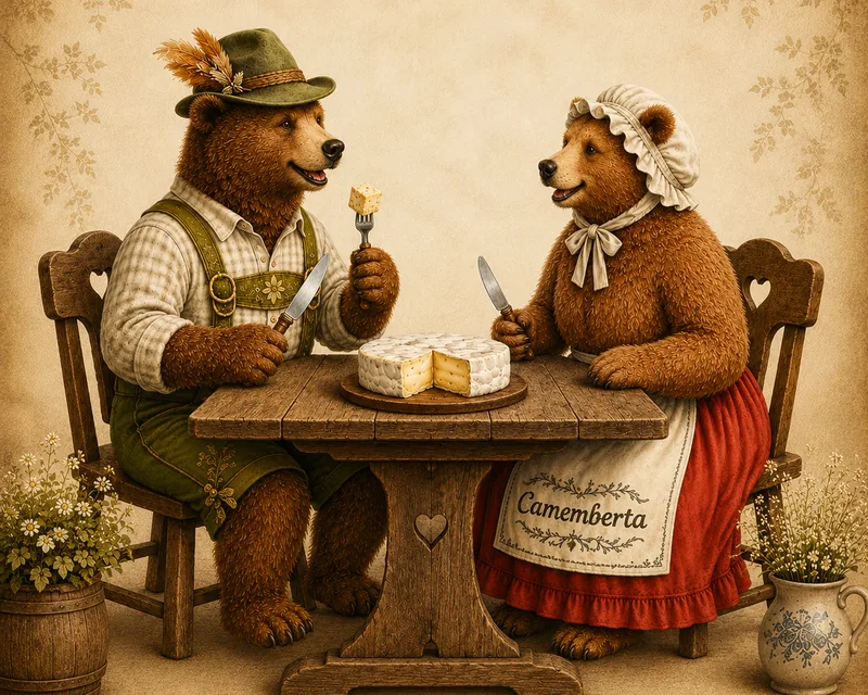 Camembär und Camemberta am Tisch, zwischen ihnen ein angeschnittener Camembert